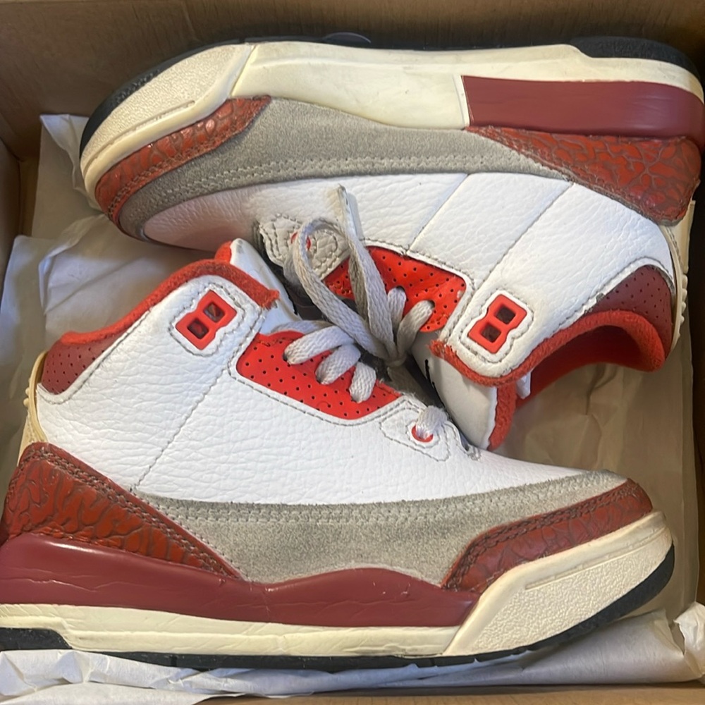 11.5C Brown, orange & white Mars Stone Jordan 3’s.